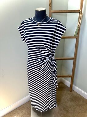 LOFT Blue White Stripe Knotted Cap Sleeve Midi Pullover Dress Size Small